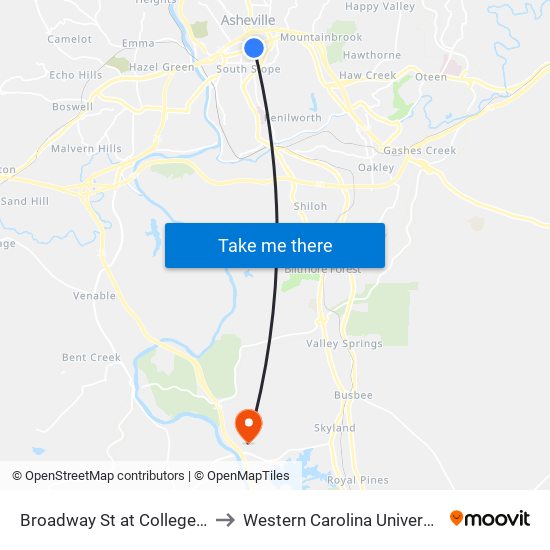 Broadway St at College St to Western Carolina University map