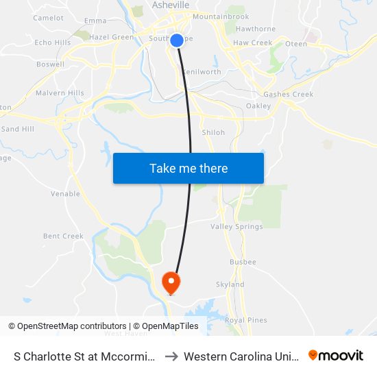 S Charlotte St at Mccormick Field to Western Carolina University map