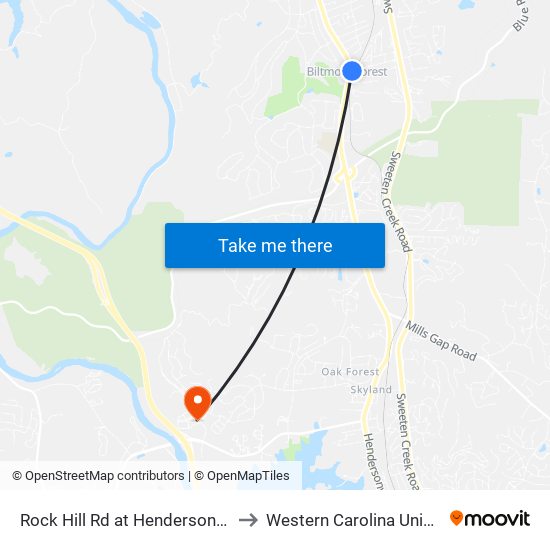 Rock Hill Rd at Hendersonville Rd to Western Carolina University map