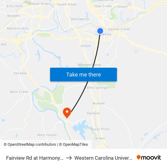 Fairview Rd at Harmony Ln to Western Carolina University map