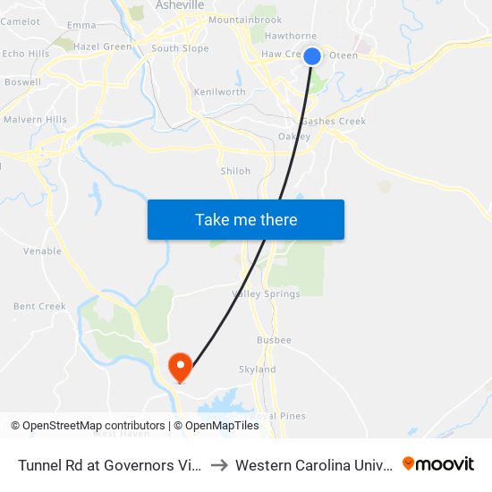 Tunnel Rd at Governors View Rd to Western Carolina University map