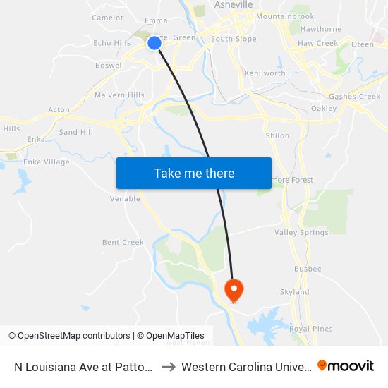 N Louisiana Ave at Patton Ave to Western Carolina University map