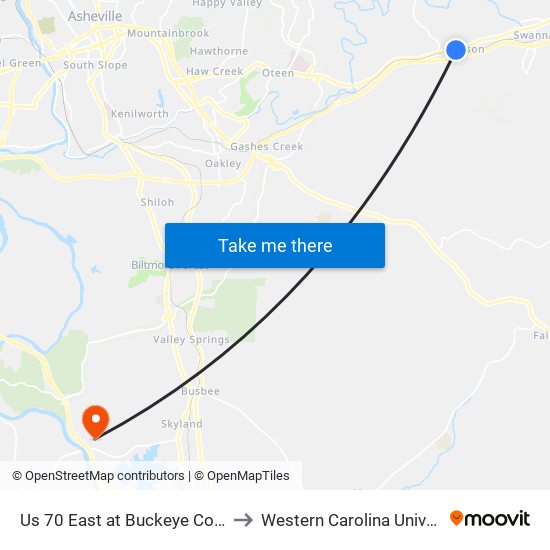 Us 70 East at Buckeye Cove Rd to Western Carolina University map