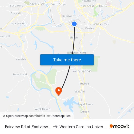 Fairview Rd at Eastview St to Western Carolina University map