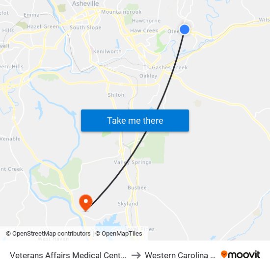 Veterans Affairs Medical Center at Tunnel Rd to Western Carolina University map