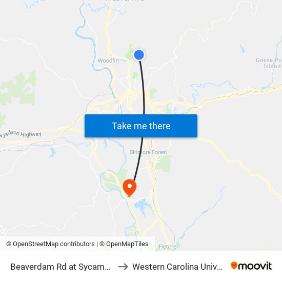 Beaverdam Rd at Sycamore St to Western Carolina University map