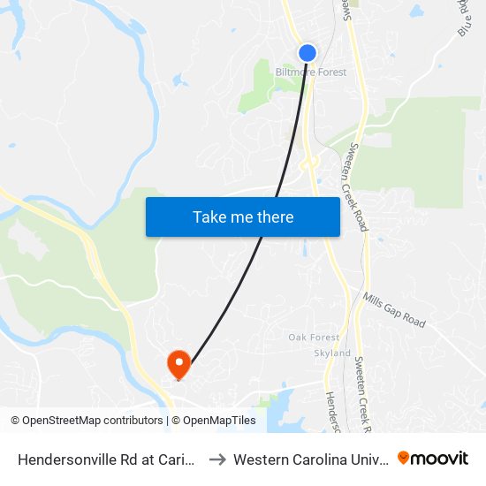 Hendersonville Rd at Caribou Rd to Western Carolina University map