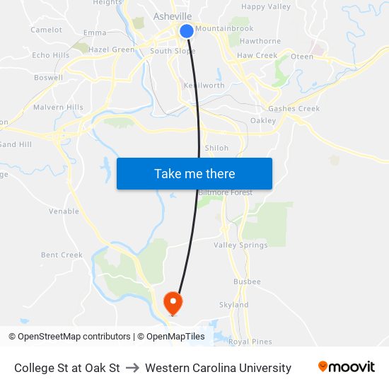 College St at Oak St to Western Carolina University map