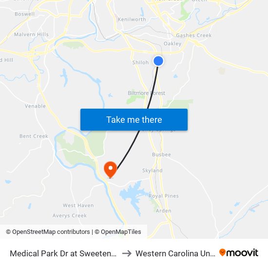 Medical Park Dr at Sweeten Creek Rd to Western Carolina University map