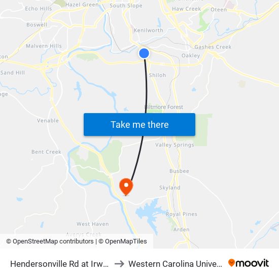 Hendersonville Rd at Irwin St to Western Carolina University map