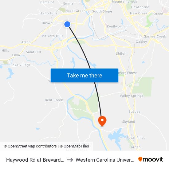 Haywood Rd at Brevard Rd to Western Carolina University map