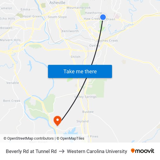 Beverly Rd at Tunnel Rd to Western Carolina University map