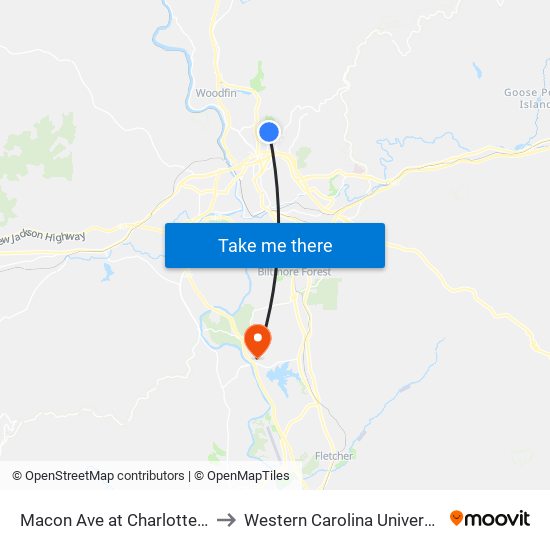 Macon Ave at Charlotte St to Western Carolina University map