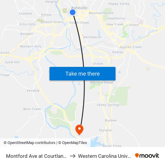 Montford Ave at Courtland Ave to Western Carolina University map