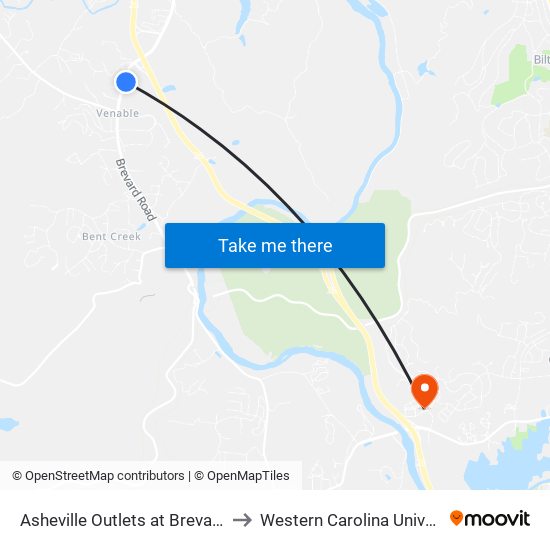 Asheville Outlets at Brevard Rd to Western Carolina University map