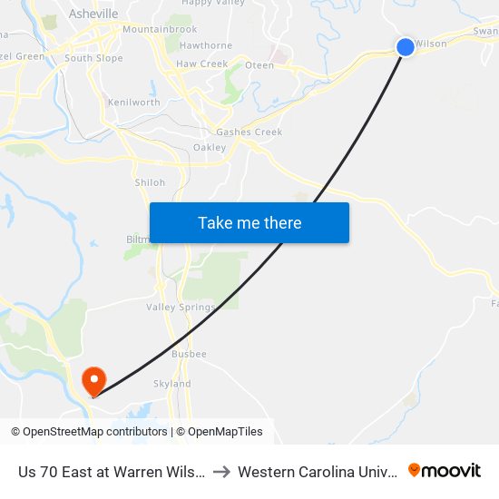 Us 70 East at Warren Wilson Rd to Western Carolina University map