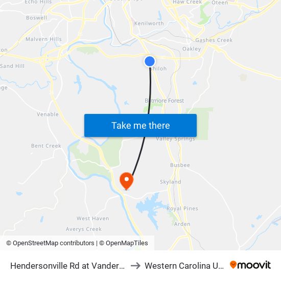 Hendersonville Rd at Vanderbilt Park Dr to Western Carolina University map