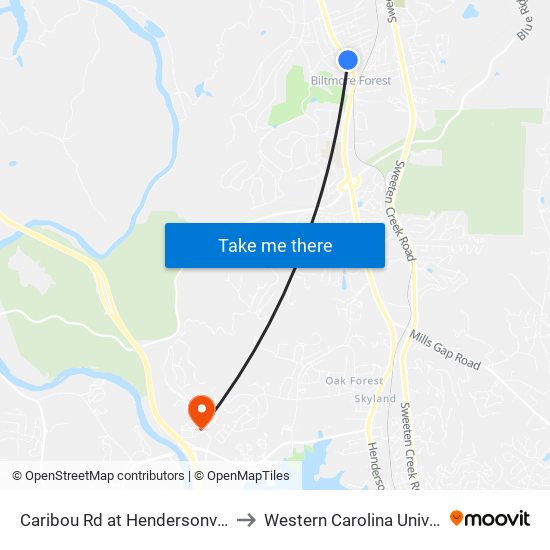 Caribou Rd at Hendersonville Rd to Western Carolina University map