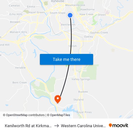 Kenilworth Rd at Kirkman Rd to Western Carolina University map