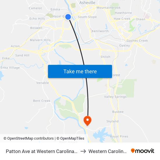 Patton Ave at Western Carolina Rescue Ministries to Western Carolina University map