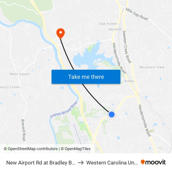 New Airport Rd at Bradley Branch Rd to Western Carolina University map