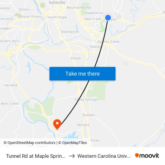 Tunnel Rd at Maple Springs Rd to Western Carolina University map