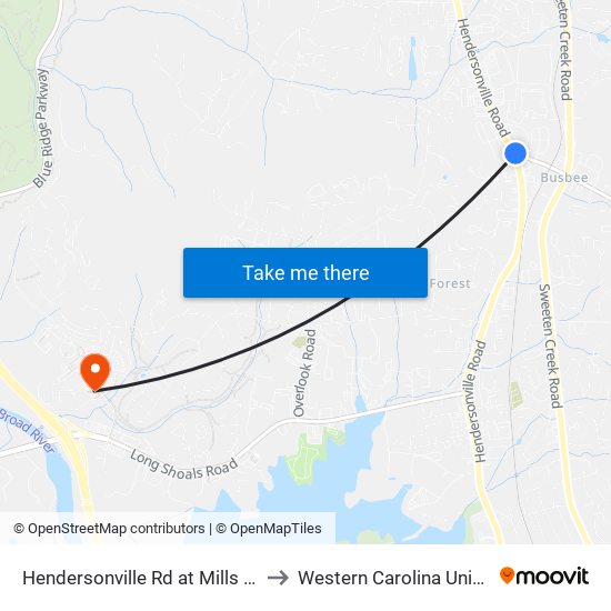 Hendersonville Rd at Mills Gap Rd to Western Carolina University map