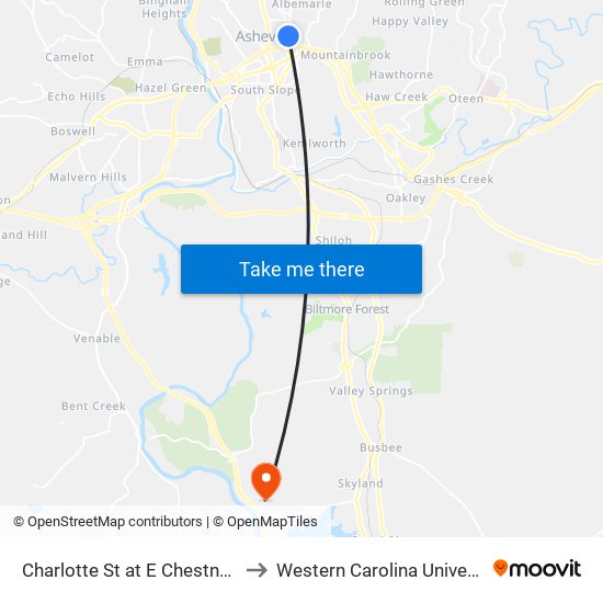 Charlotte St at E Chestnut St to Western Carolina University map