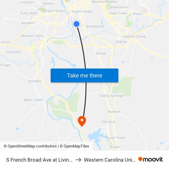 S French Broad Ave at Livingston St to Western Carolina University map