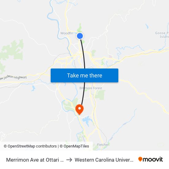 Merrimon Ave at Ottari Rd to Western Carolina University map