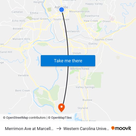 Merrimon Ave at Marcellus St to Western Carolina University map