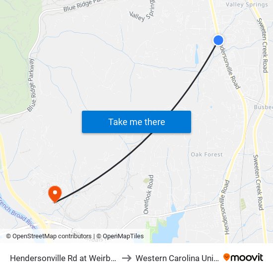 Hendersonville Rd at Weirbridge Rd to Western Carolina University map