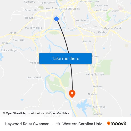 Haywood Rd at Swannanoa Ave to Western Carolina University map