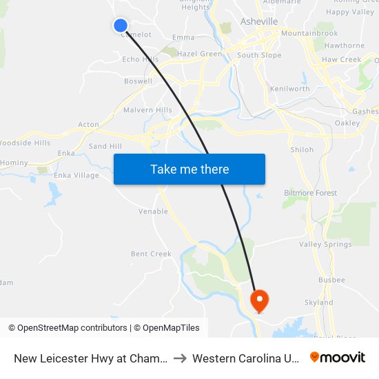 New Leicester Hwy at Chamberlain Dr to Western Carolina University map