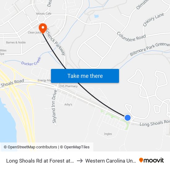 Long Shoals Rd at Forest at Biltmore to Western Carolina University map