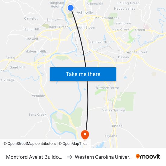 Montford Ave at Bulldog Dr to Western Carolina University map