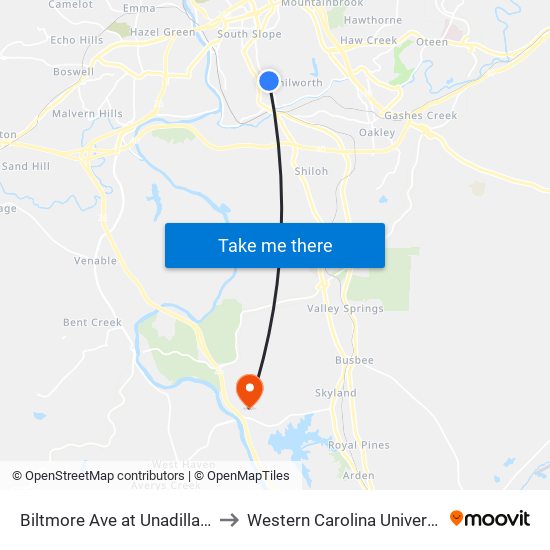 Biltmore Ave at Unadilla Rd to Western Carolina University map