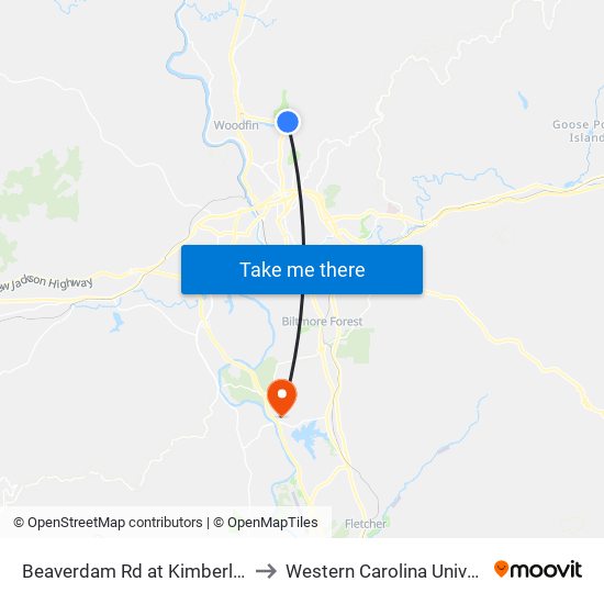 Beaverdam Rd at Kimberly Ave to Western Carolina University map