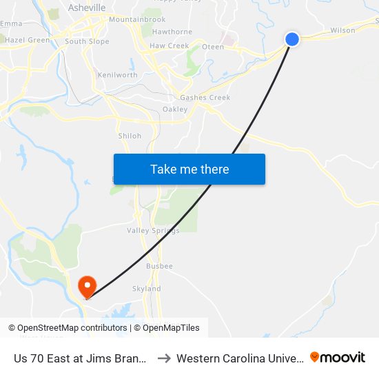 Us 70 East at Jims Branch Rd to Western Carolina University map