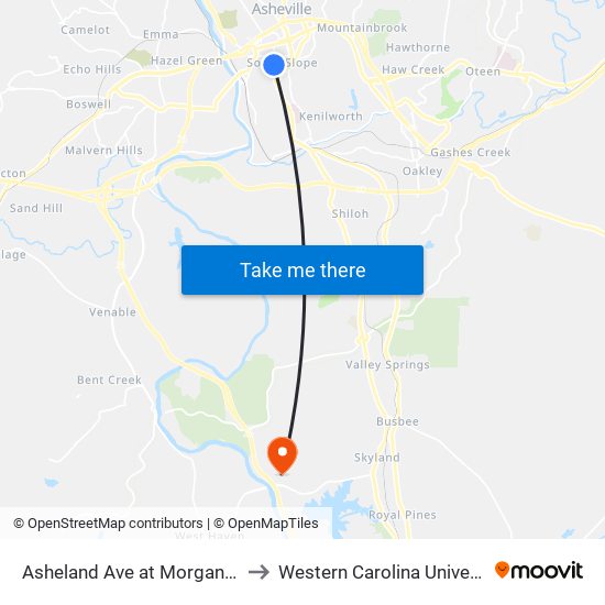 Asheland Ave at Morgan Ave to Western Carolina University map