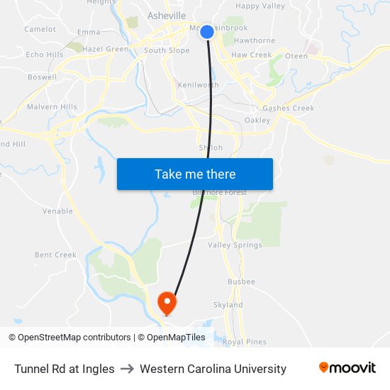 Tunnel Rd at Ingles to Western Carolina University map