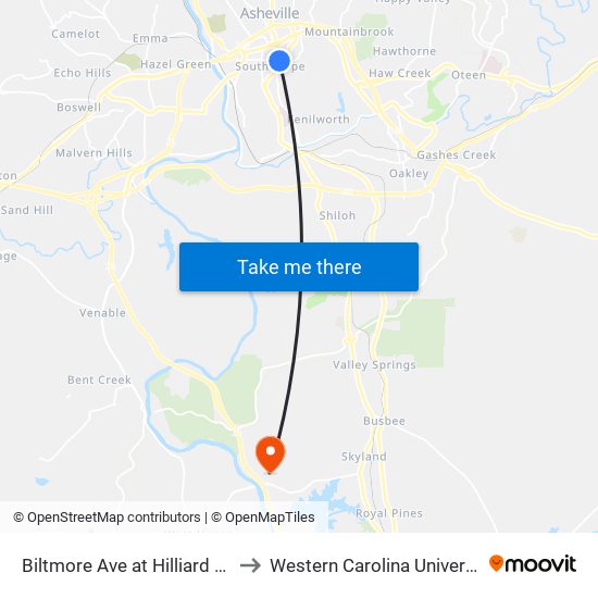 Biltmore Ave at Hilliard Ave to Western Carolina University map