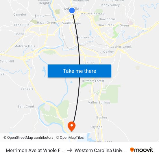 Merrimon Ave at Whole Foods to Western Carolina University map