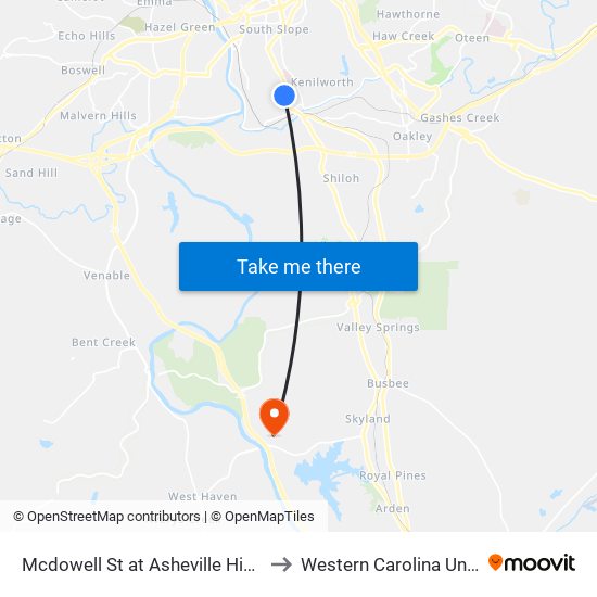 Mcdowell St at Asheville High School to Western Carolina University map