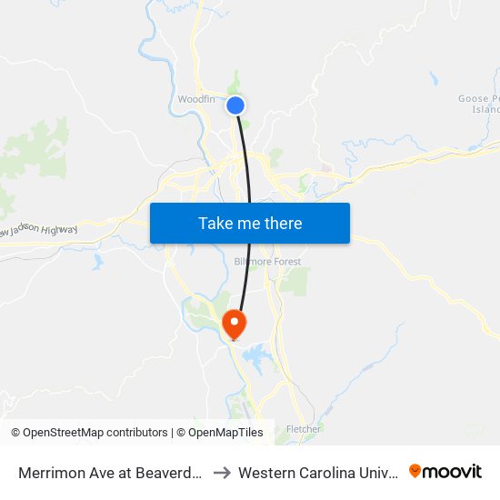 Merrimon Ave at Beaverdam Rd to Western Carolina University map