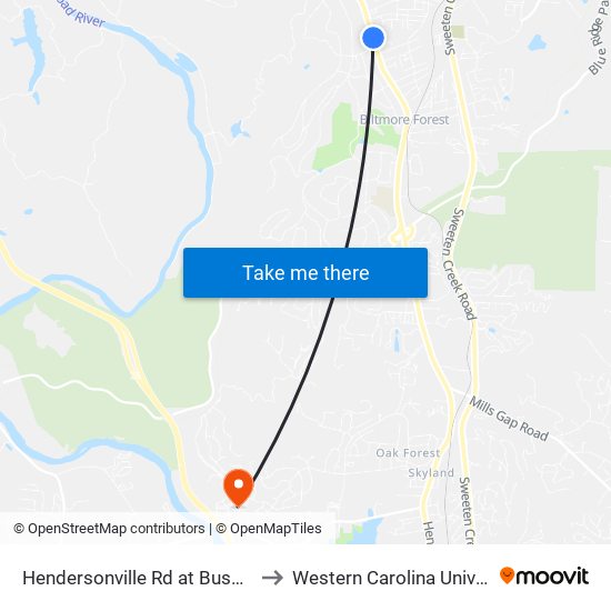 Hendersonville Rd at Busbee Rd to Western Carolina University map