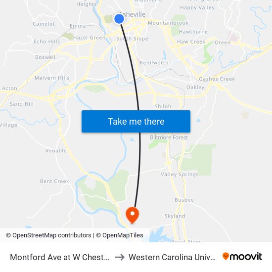 Montford Ave at W Chestnut St to Western Carolina University map