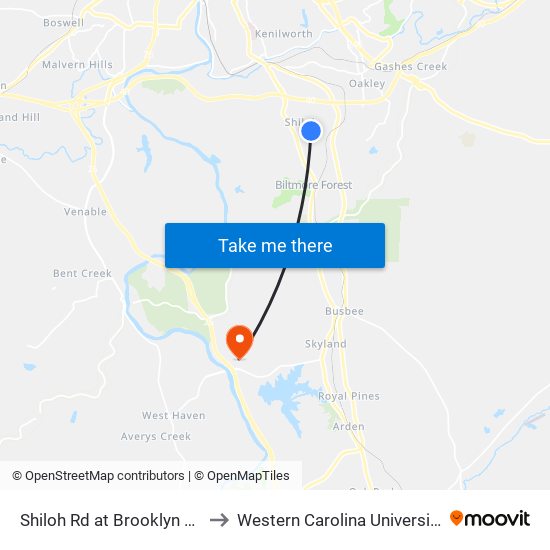 Shiloh Rd at Brooklyn Rd to Western Carolina University map