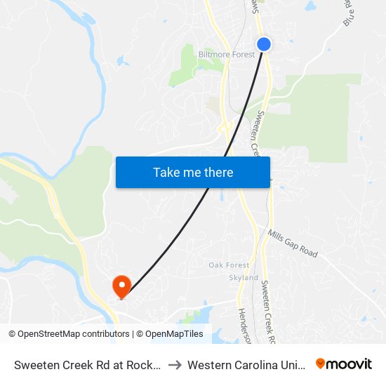 Sweeten Creek Rd at Rock Hill Rd to Western Carolina University map