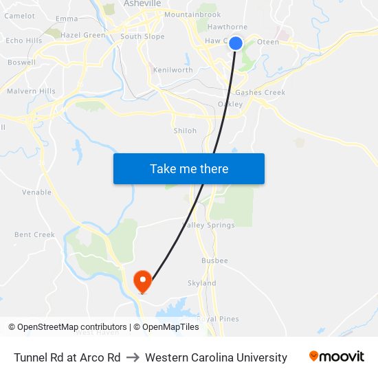 Tunnel Rd at Arco Rd to Western Carolina University map